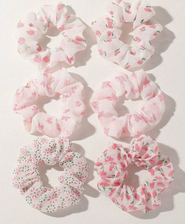 Pink Floral Scrunchies 6pk