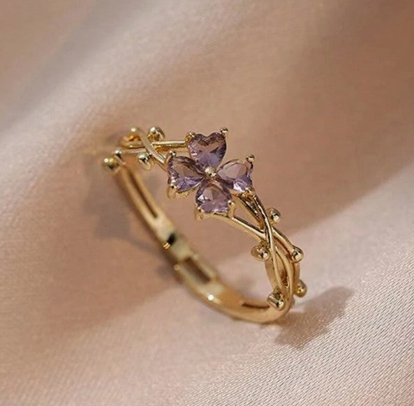 Stainless Steel Purple Clover Ring Adjustable
