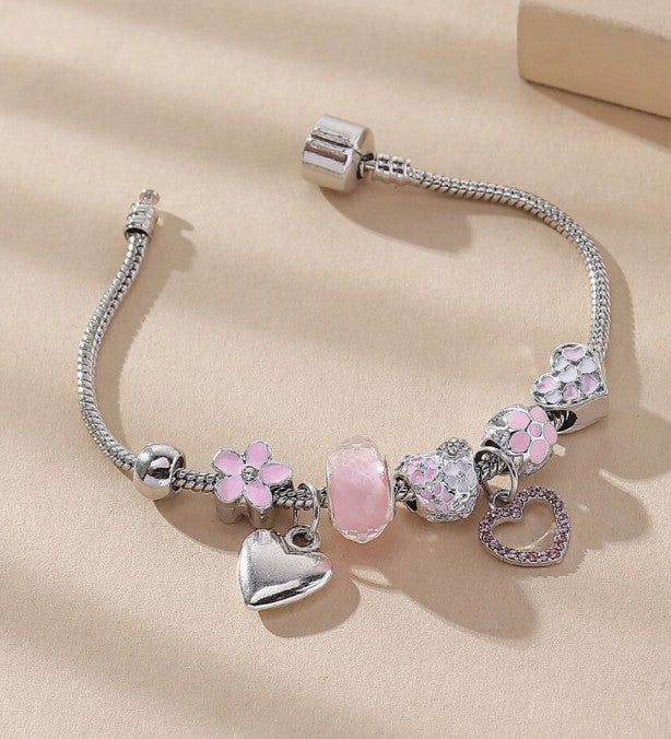 Pink Heart and Floral Charm Bracelet