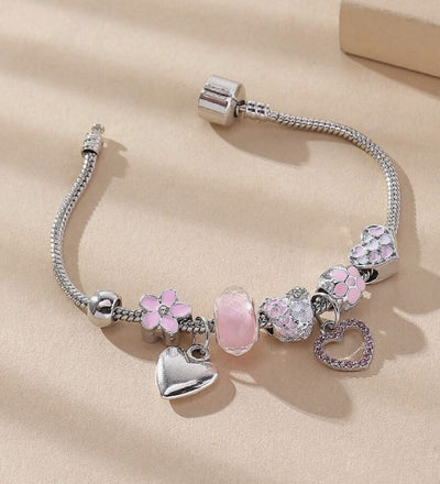 Pink Heart and Floral Charm Bracelet
